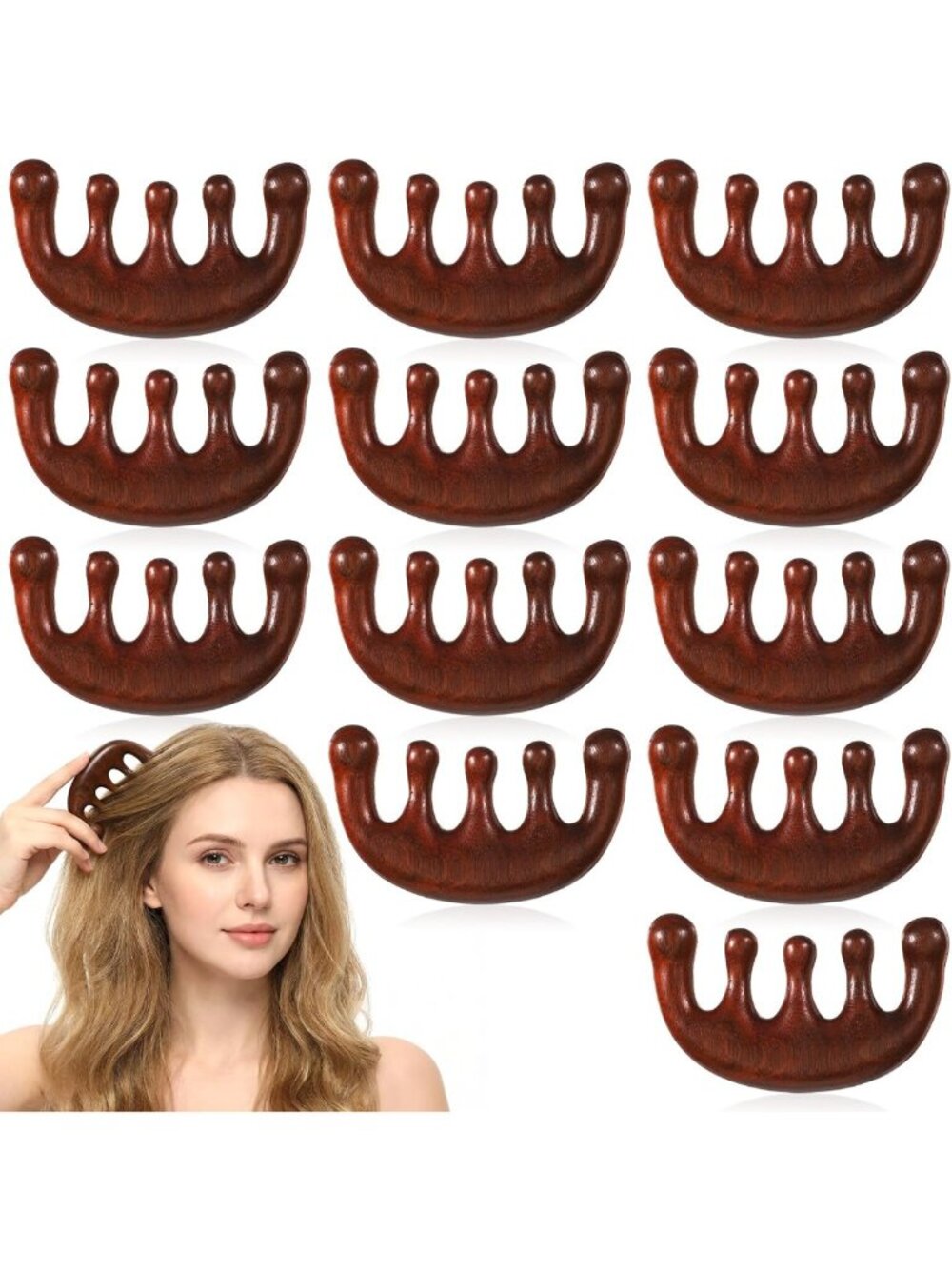 12 Pcs Wooden Scalp Massager Set - Natural Sandalwood Wide Tooth Combs for Hair